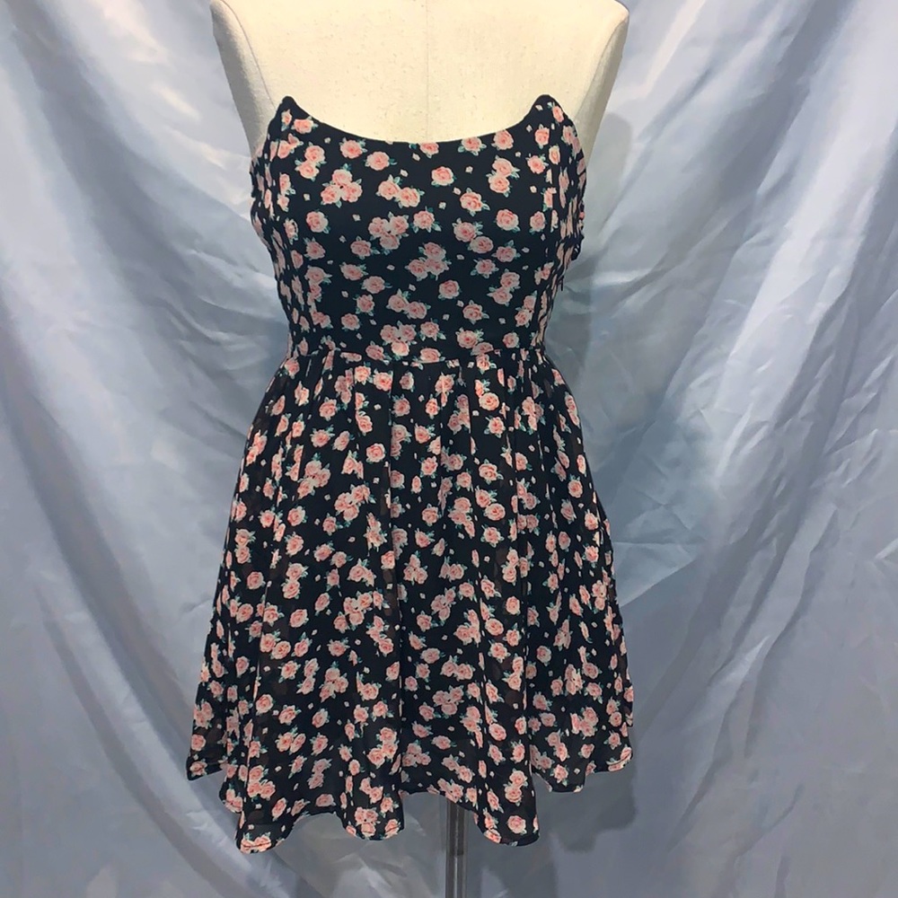 Strapless black floral print dress